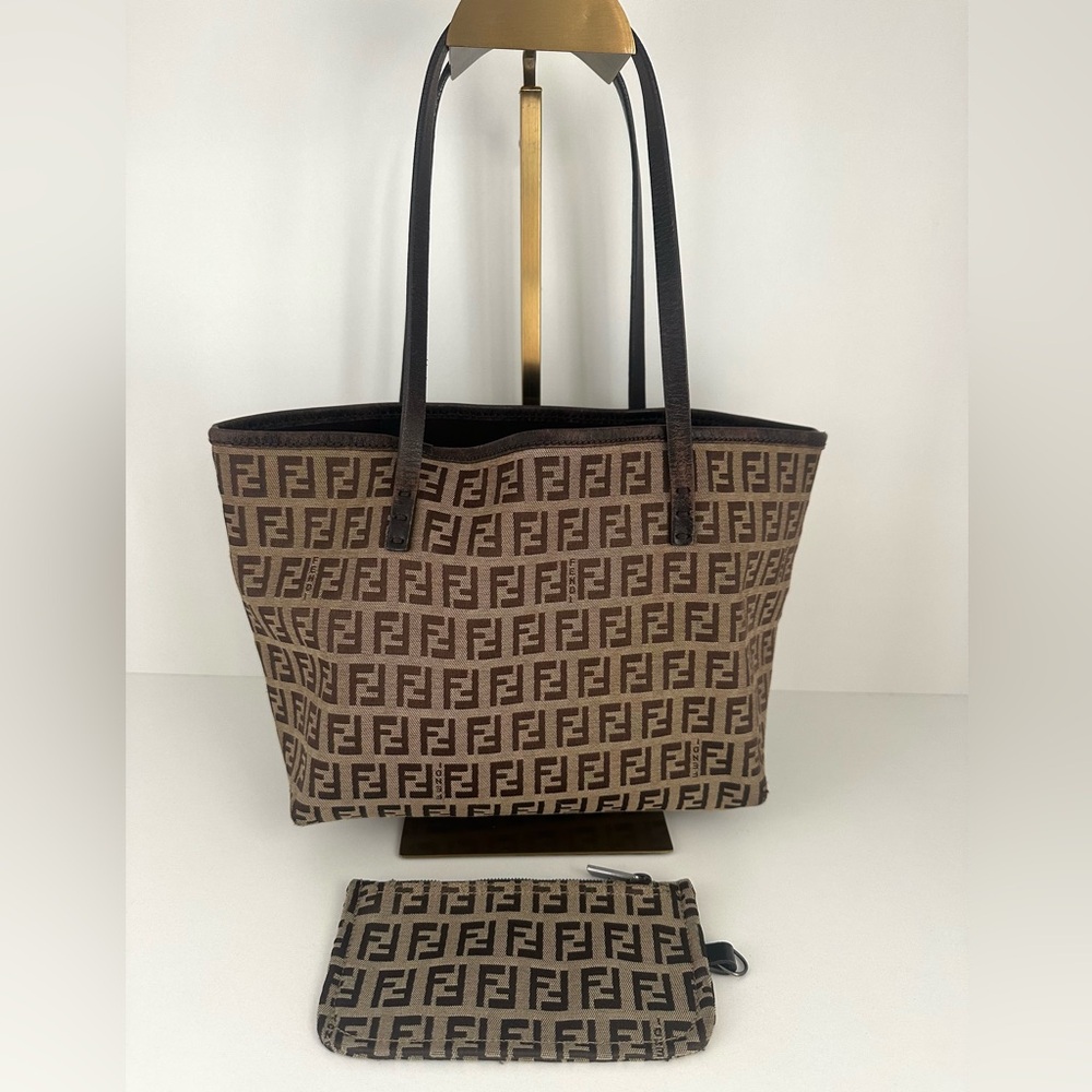 Vintage Fendi Zucchino Small Brown Logo Tote with Matching Pouch